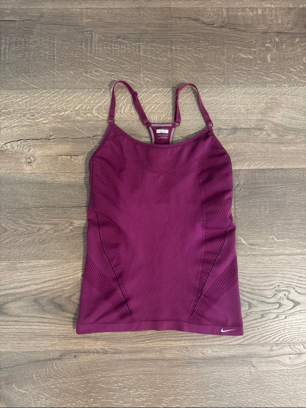 Nike plum tank with black accents and adjustable spaghetti straps, S